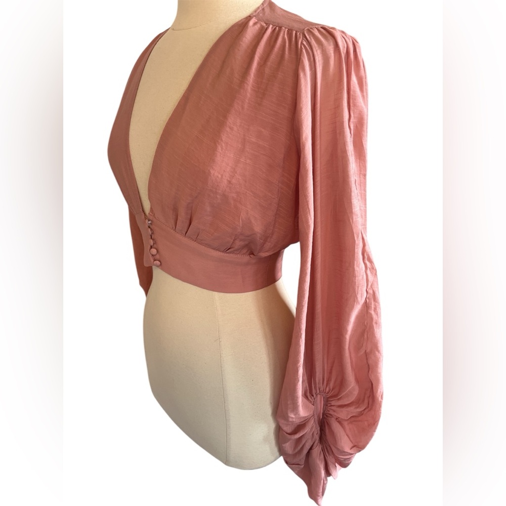 Hyfve Bohemian Pink Crop blouse w/Long Balloon Sleeves button waist Size Medium - Picture 5 of 12